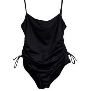 WOMENS TUMMY HIDDEN BLACK SWIMSUIT HIGH LEG CUT ONE PIECE DRAWSTRING SIZE MEDIUM